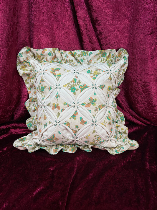 Vintage Quilted Throw Pillow - Butterfly Floral Ruffle Cottagecore Accent
