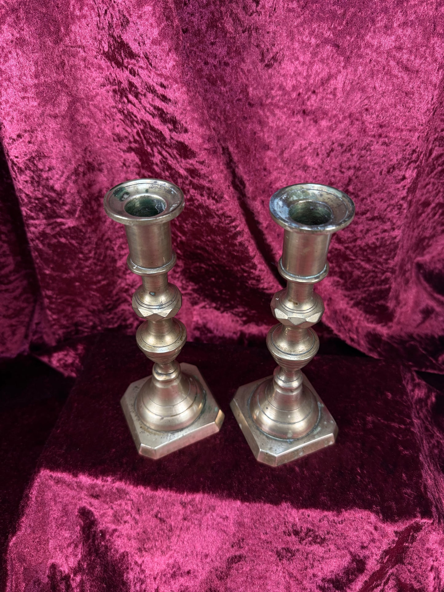 Antique English Brass Candlestick Pair – Beehive Taper Candle Holders