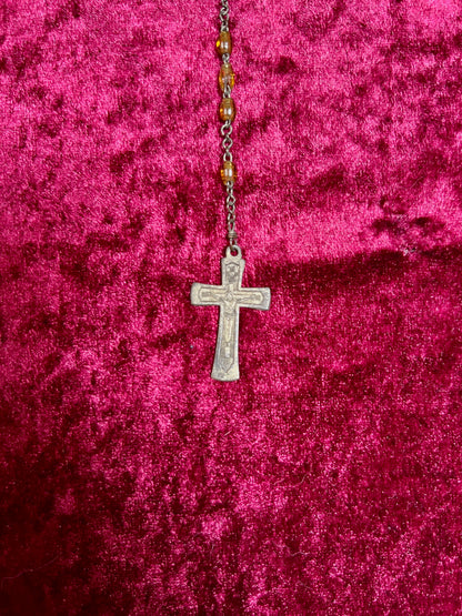 Vintage Jewelry - Rosary Beads - Clear Amber Beads - Brass Tone Cross - 14"