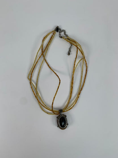 Vintage Jewelry - Five Strand Beaded Pendant Necklace - Faux Amber Rhinestone - Premier Design
