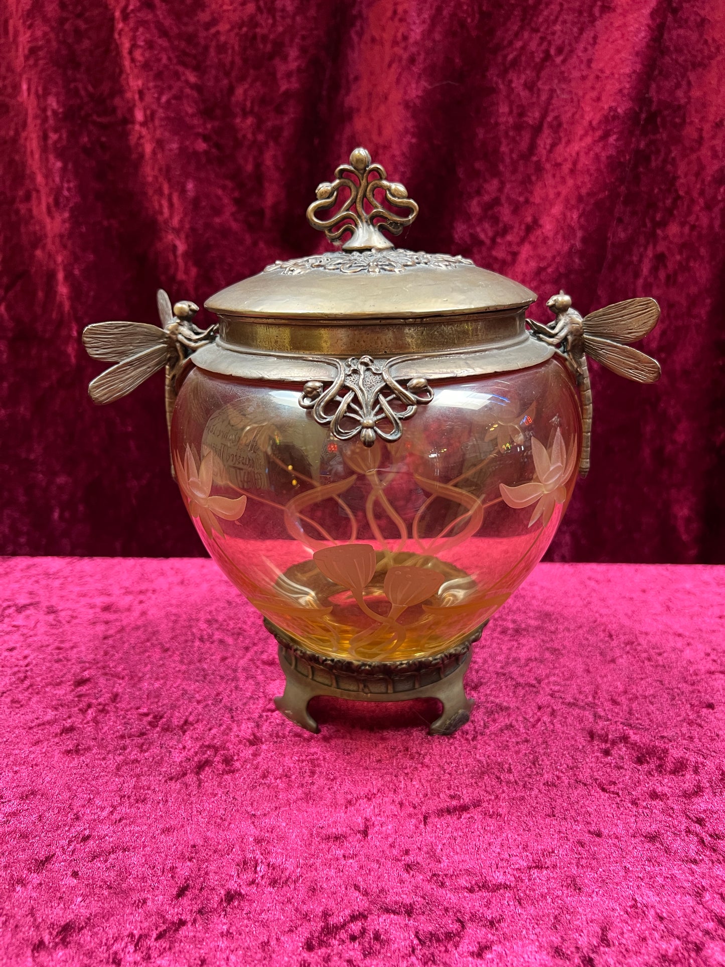 Vintage Oddities - Antique Art Nouveau Opium Jar - Etched Amber Glass - Castilian Poland