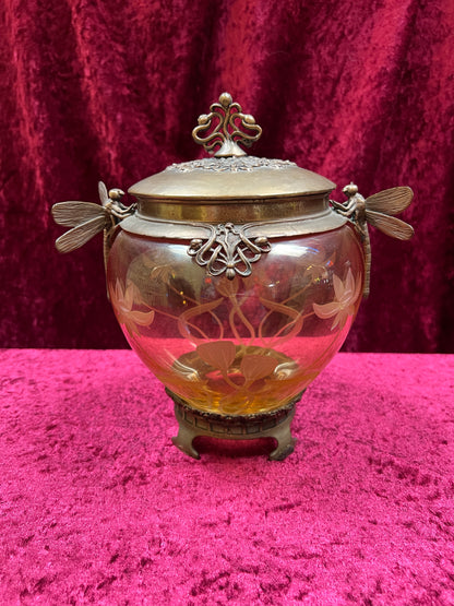 Vintage Oddities - Antique Art Nouveau Opium Jar - Etched Amber Glass - Castilian Poland