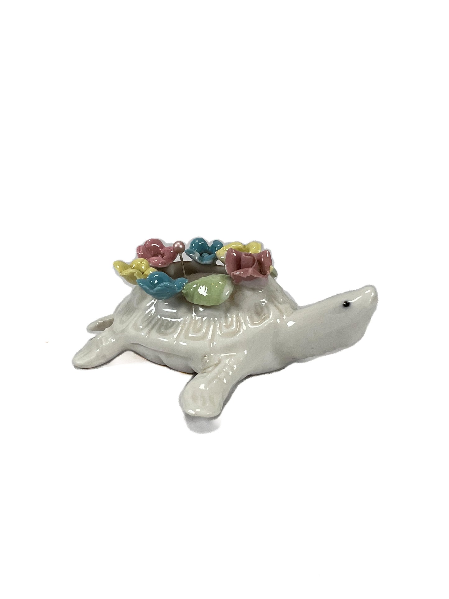 Vintage White Turtle Porcelain Pin Cushion - Blue Yellow Pink Flowers