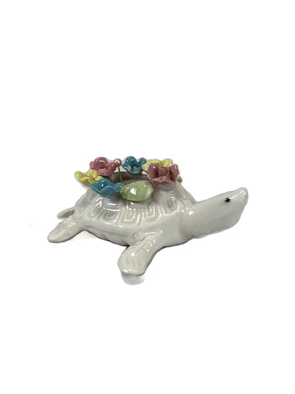 Vintage White Turtle Porcelain Pin Cushion - Blue Yellow Pink Flowers