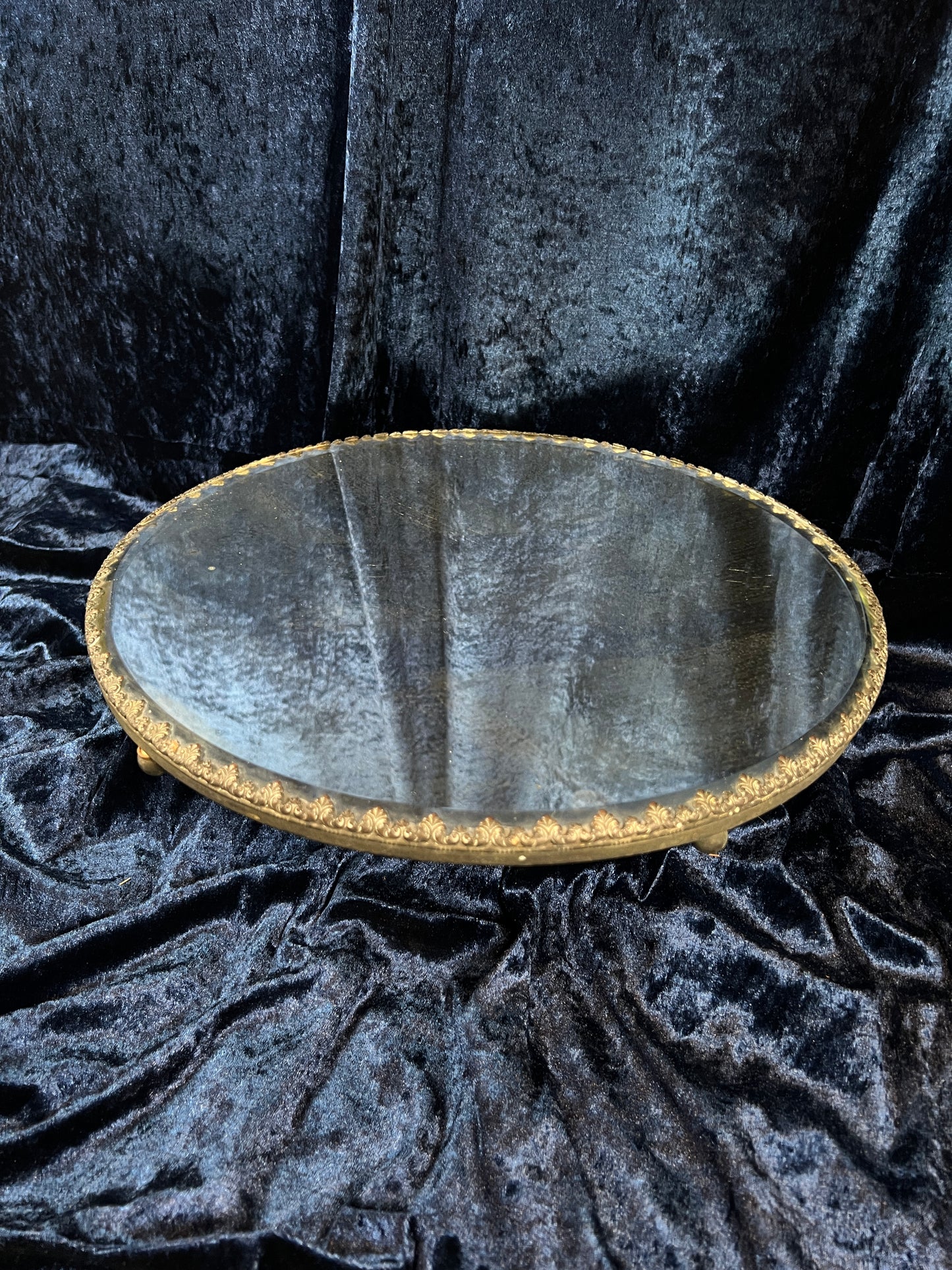 Antique Silver Plate Plateau Mirror - Ornate Beveled Glass Footed Vanity Tray
