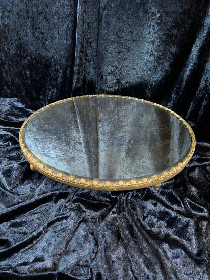 Antique Silver Plate Plateau Mirror - Ornate Beveled Glass Footed Vanity Tray