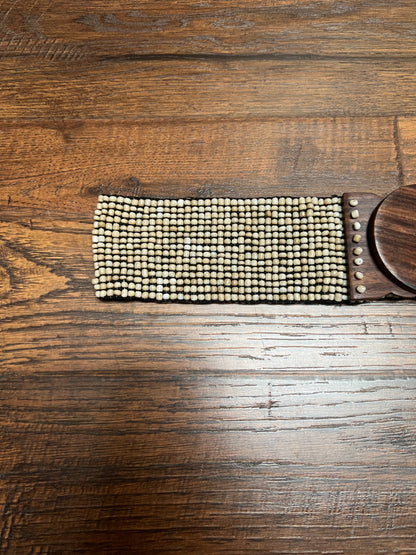 Vintage Style Accessories - Glass Seed Beaded Waist Belt with Wood Buckle - Sandy Beige - 31.5"