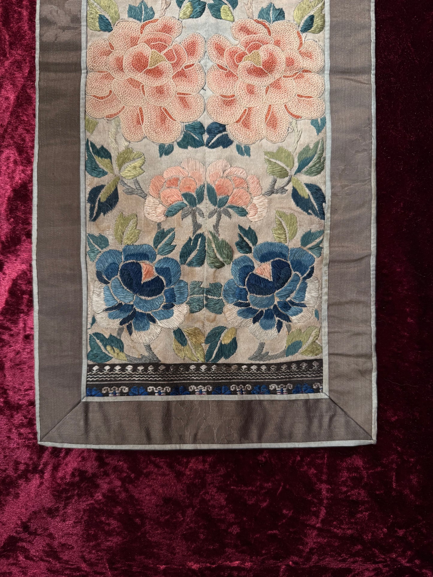 Antique Chinese Silk Sleeve Band – Forbidden Stitch Lotus Flowers - Embroidered Textile Robe Panel