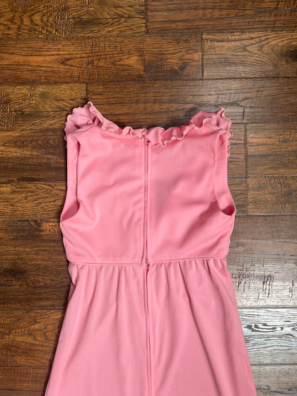 Vintage Clothing - Long V-Neck Empire Waist Dress - Ruffled Collar - Candy Pink - Editions - Small
