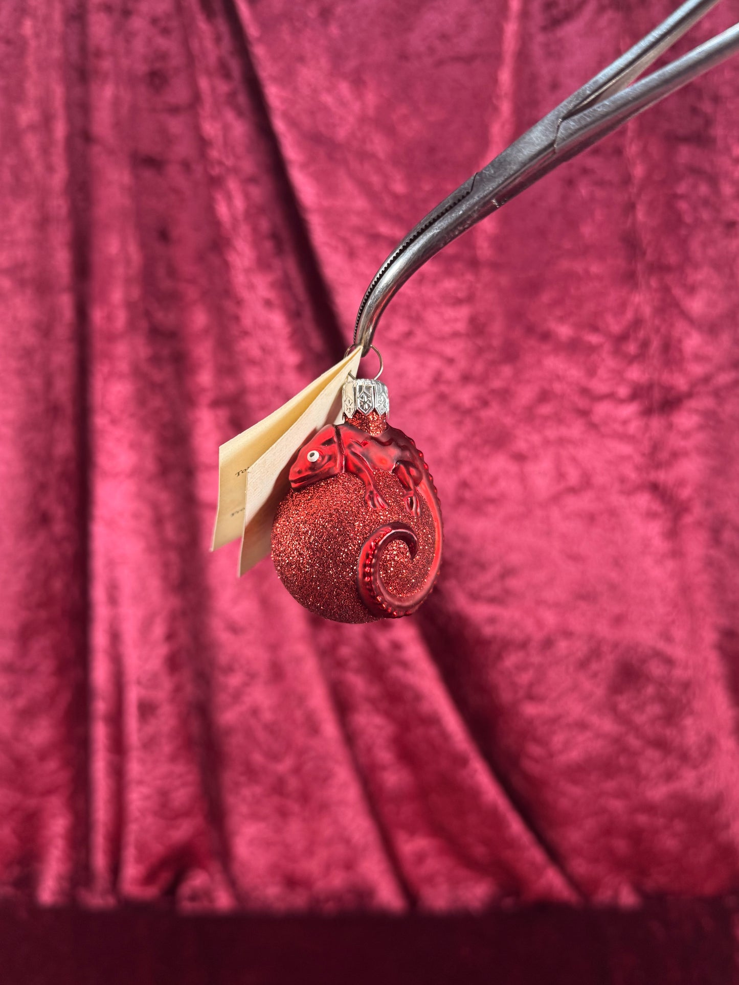 Vintage Christmas - Handblown Glass Ornament - Red Chameleon On Glitter Orb - Patricia Breen - Poland