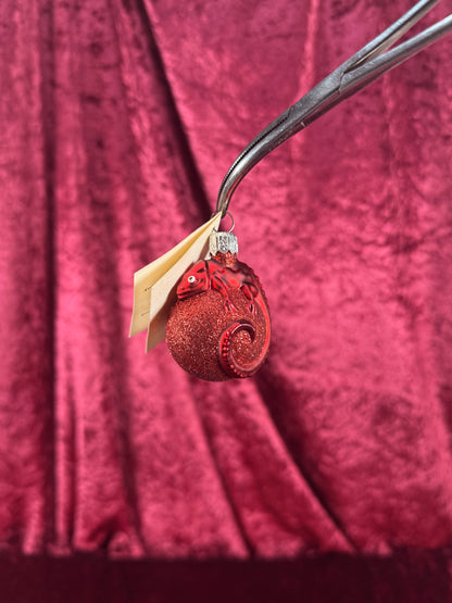 Vintage Christmas - Handblown Glass Ornament - Red Chameleon On Glitter Orb - Patricia Breen - Poland