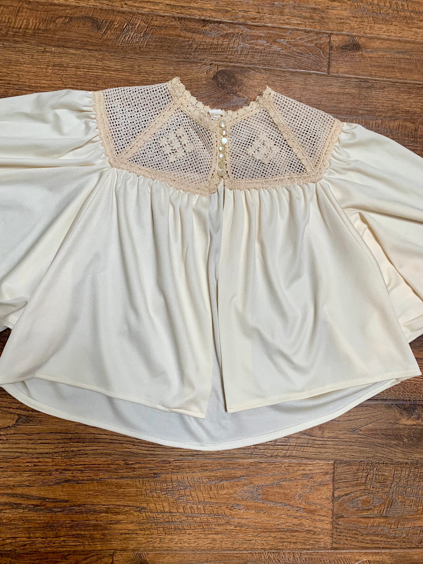 1970s Buttercream Capelet Bed Jacket with Crochet Detail - Made In USA - Small