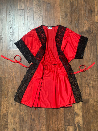 Vintage 1980s Avon Lingerie Robe - Red with Black Lace Trim - Small