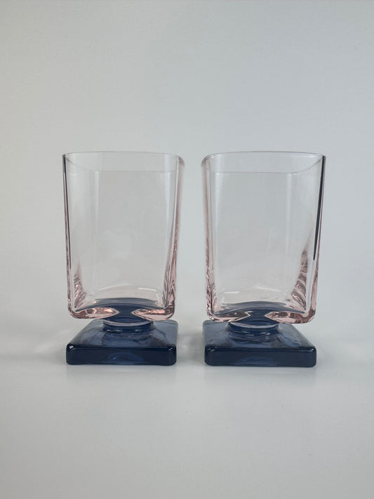 Vintage 1970s DiSaronno Square Amaretto Glasses - Pink & Blue - Set of 2