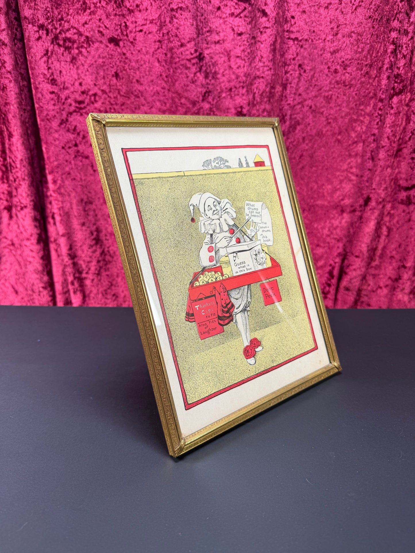 Antique Wall Art - Framed Lithograph - Pierrot Clown and Cat Scene - 1901