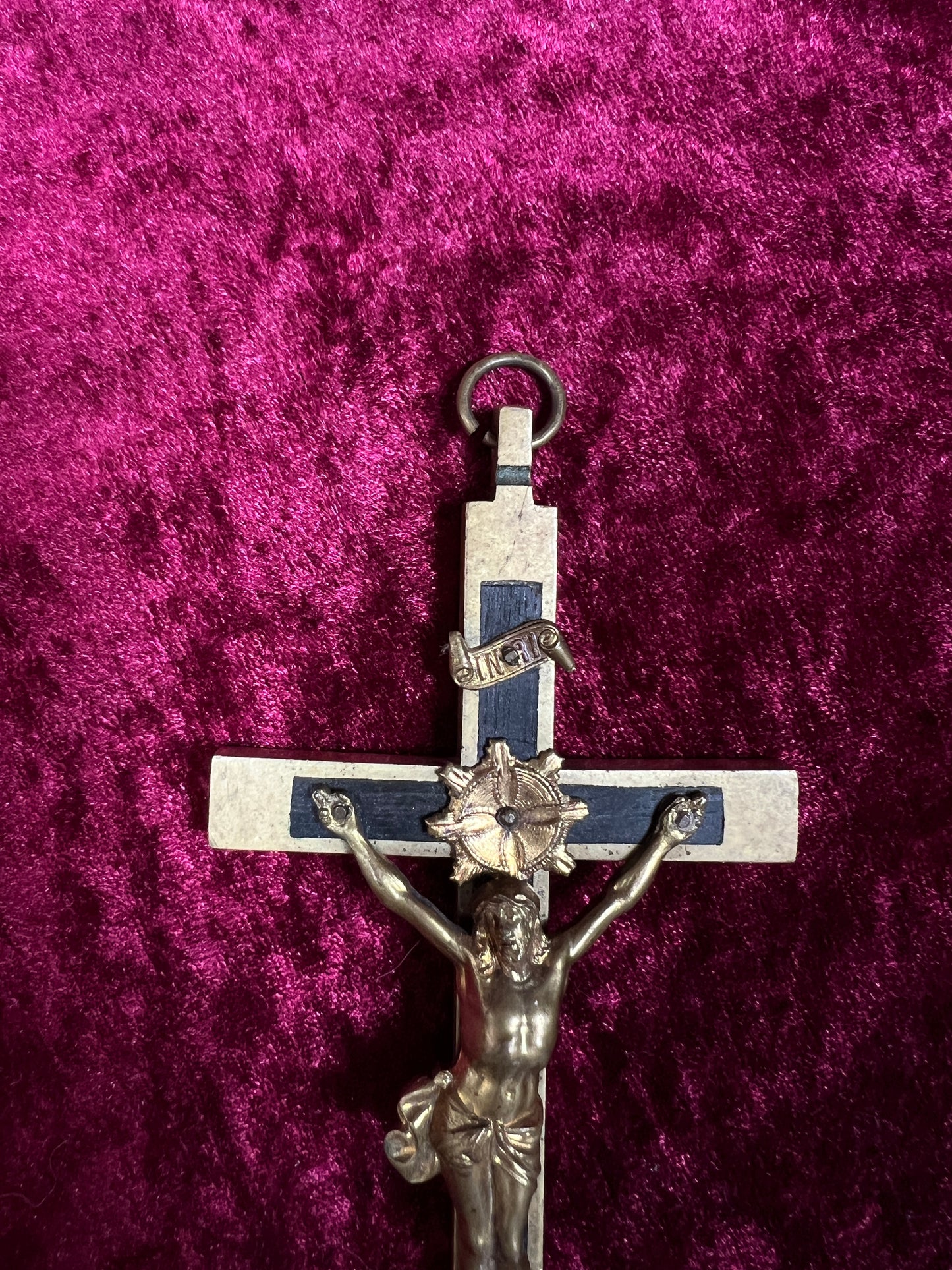 Vintage Brass Crucifix Cross - Ebony Inlay Skull and Crossbones Wall Hanging