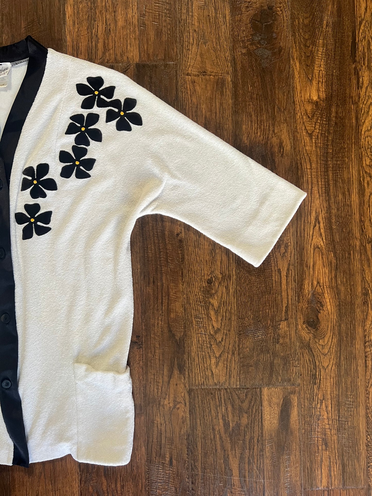 Vintage Clothing - Terry Cloth Swim Cover Up - Black Floral Embellishment - Medium - DeWeese Design