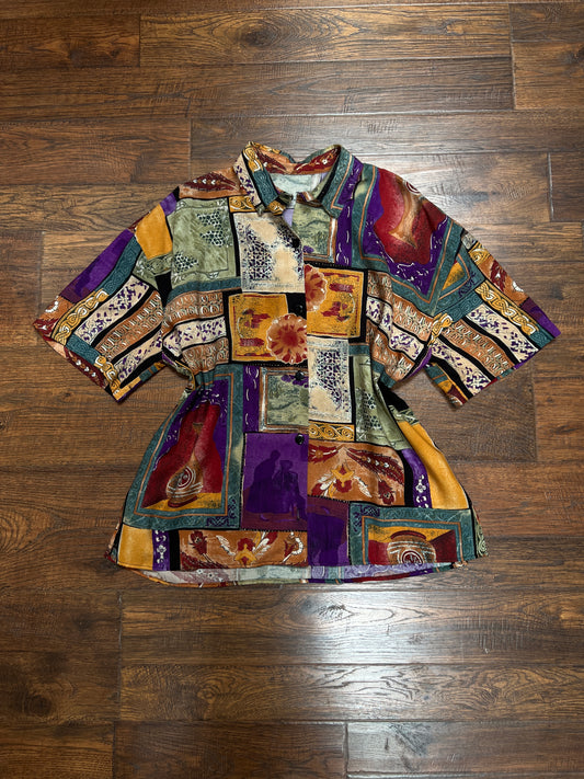 Vintage Rayon Camp Shirt – Abstract Patchwork Print Multicolor Button Front - Medium