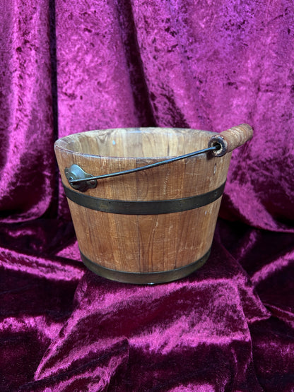 Antique Wood Bucket - Bentwood Stave Construction Iron Swing Handle