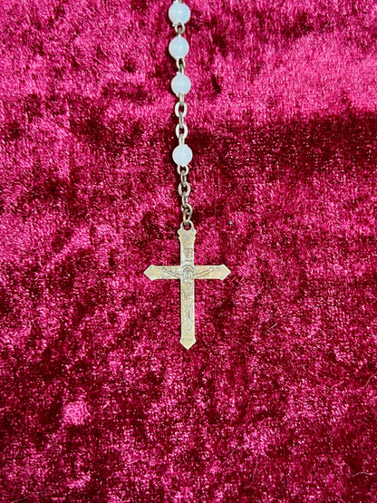 Vintage Jewelry - Rosary Beads - Shiny White Beads - Brass Tone Cross - 12.75"