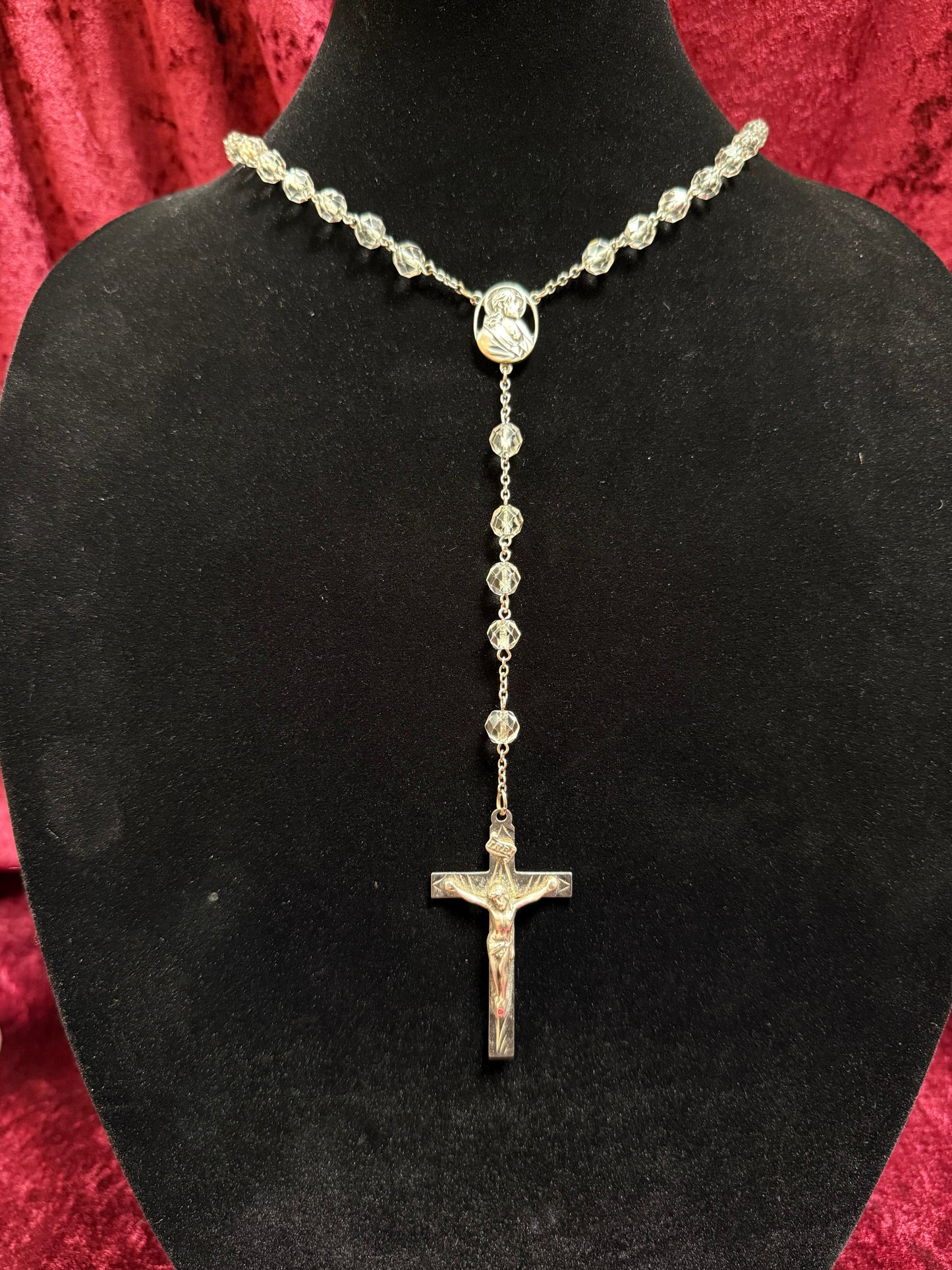 Vintage Jewelry - Italian Rosary - Sterling Silver - Clear Faceted Beads - 24”