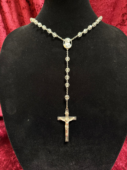 Vintage Jewelry - Italian Rosary - Sterling Silver - Clear Faceted Beads - 24”