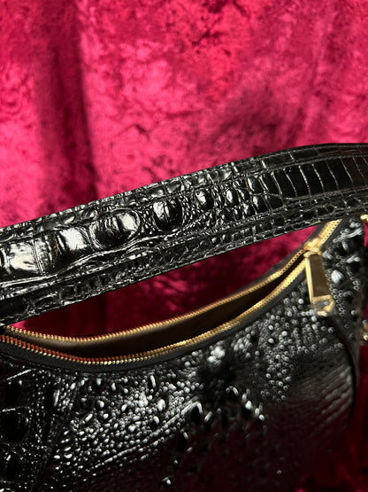 Vintage Brahmin Black Melbourne Leather Hobo Bag - Croc Embossed Shoulder Purse