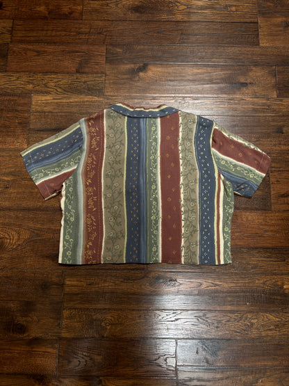 Vintage Bentley Cropped Button Up Shirt - Striped Floral Camp Shirt - Large