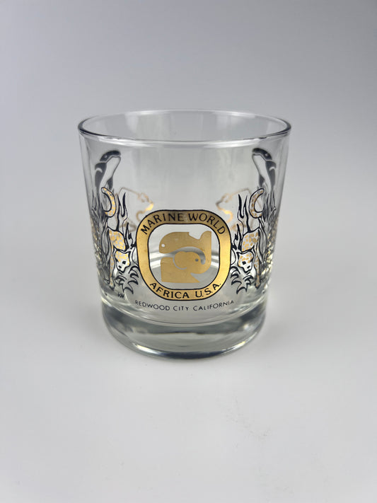 Vintage 1980s Marine World Africa USA Whiskey Glass | Black & Gold Animals