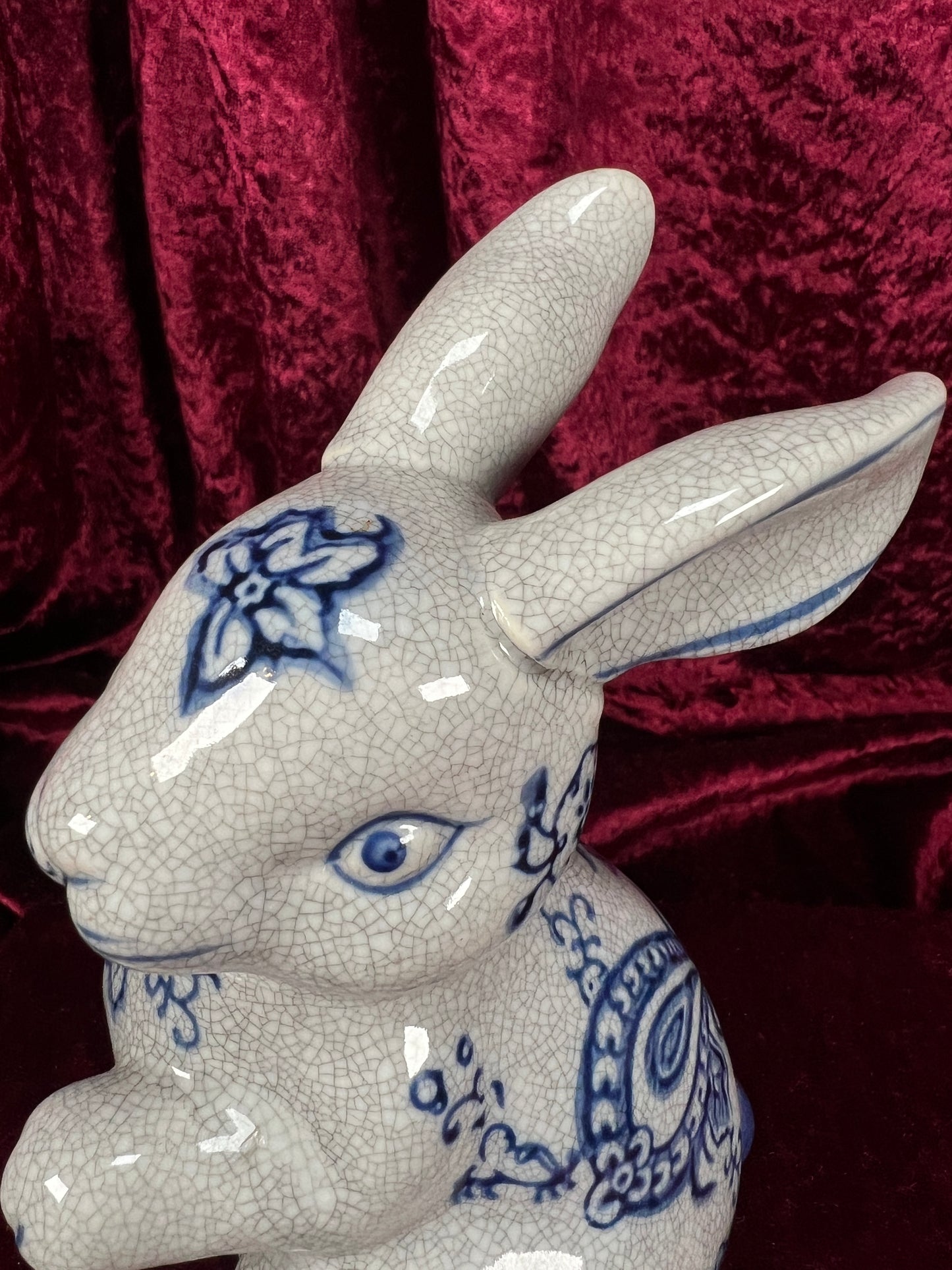 Vintage Ceramic Rabbit Figurine - Blue and White Floral Crackle Finish - Baum Bros