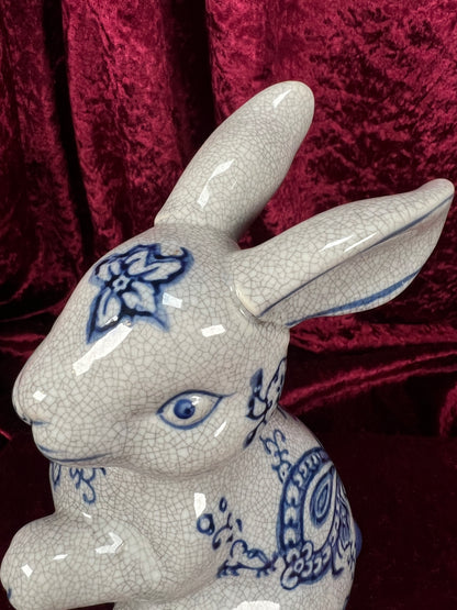 Vintage Ceramic Rabbit Figurine - Blue and White Floral Crackle Finish - Baum Bros
