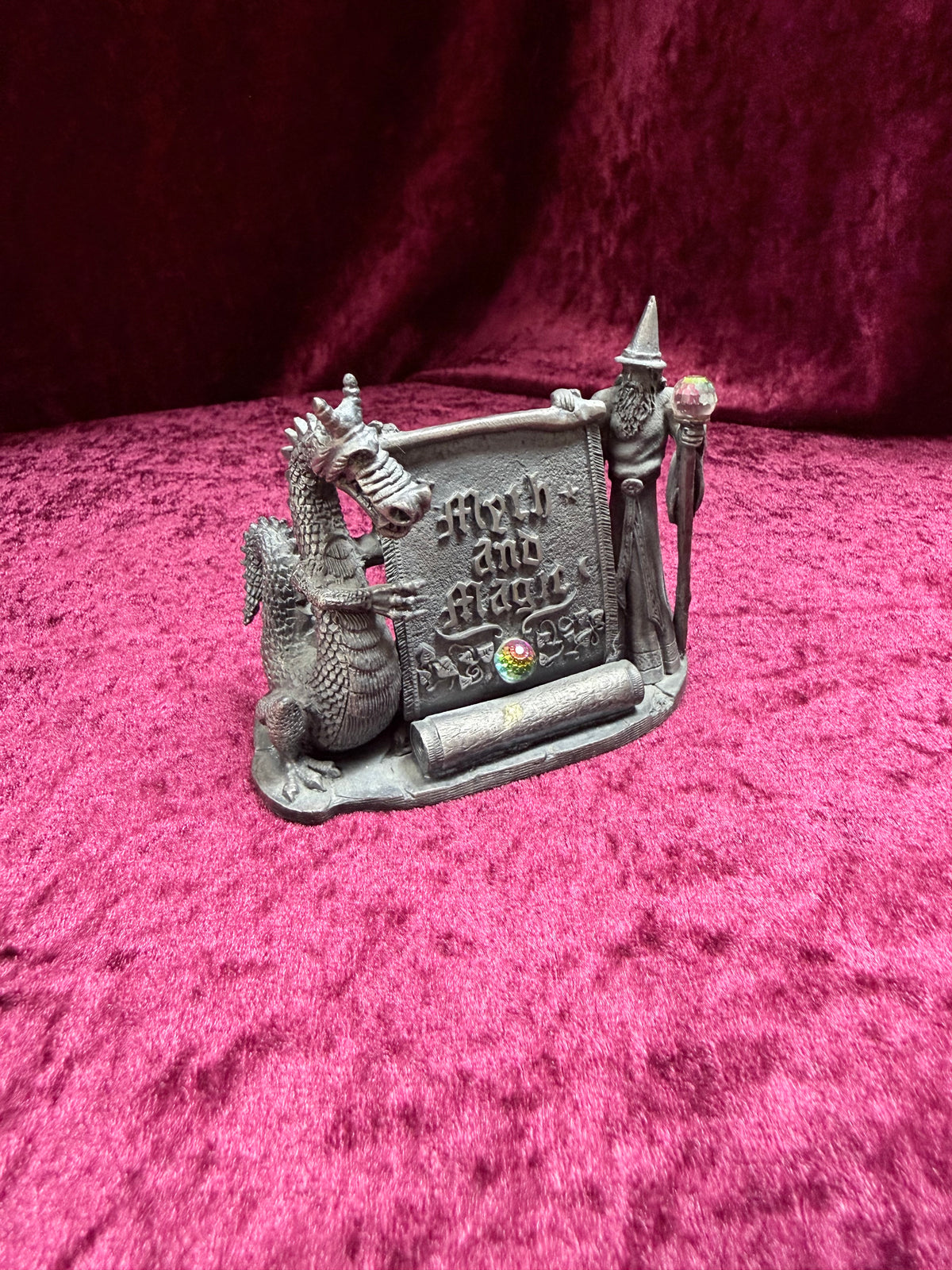 Vintage 1990s Pewter Myth and Magic “The Magical Encounter” – Two-Crystal Wizard & Dragon Figurine
