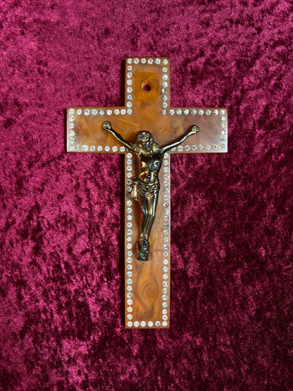Vintage Bakelite Crucifix Cross - Butterscotch Swirl Rhinestone Religious Wall Hanging