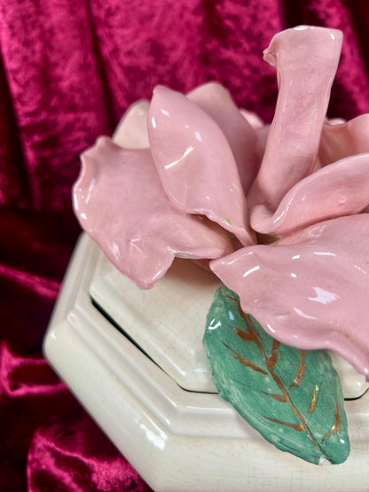 Vintage Trinket Dish - Ceramic - Giant Pink Rose - Chipped