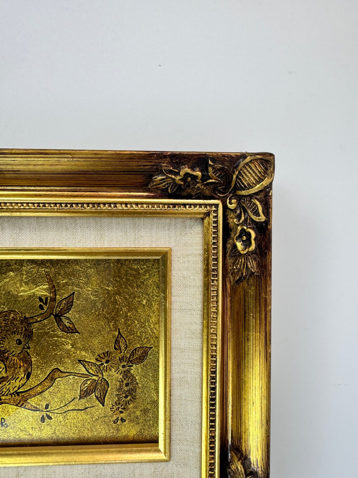 Vintage Framed Art - Gold Leaf Bird on a Branch with Ornate Gilt Frame - DENDLER