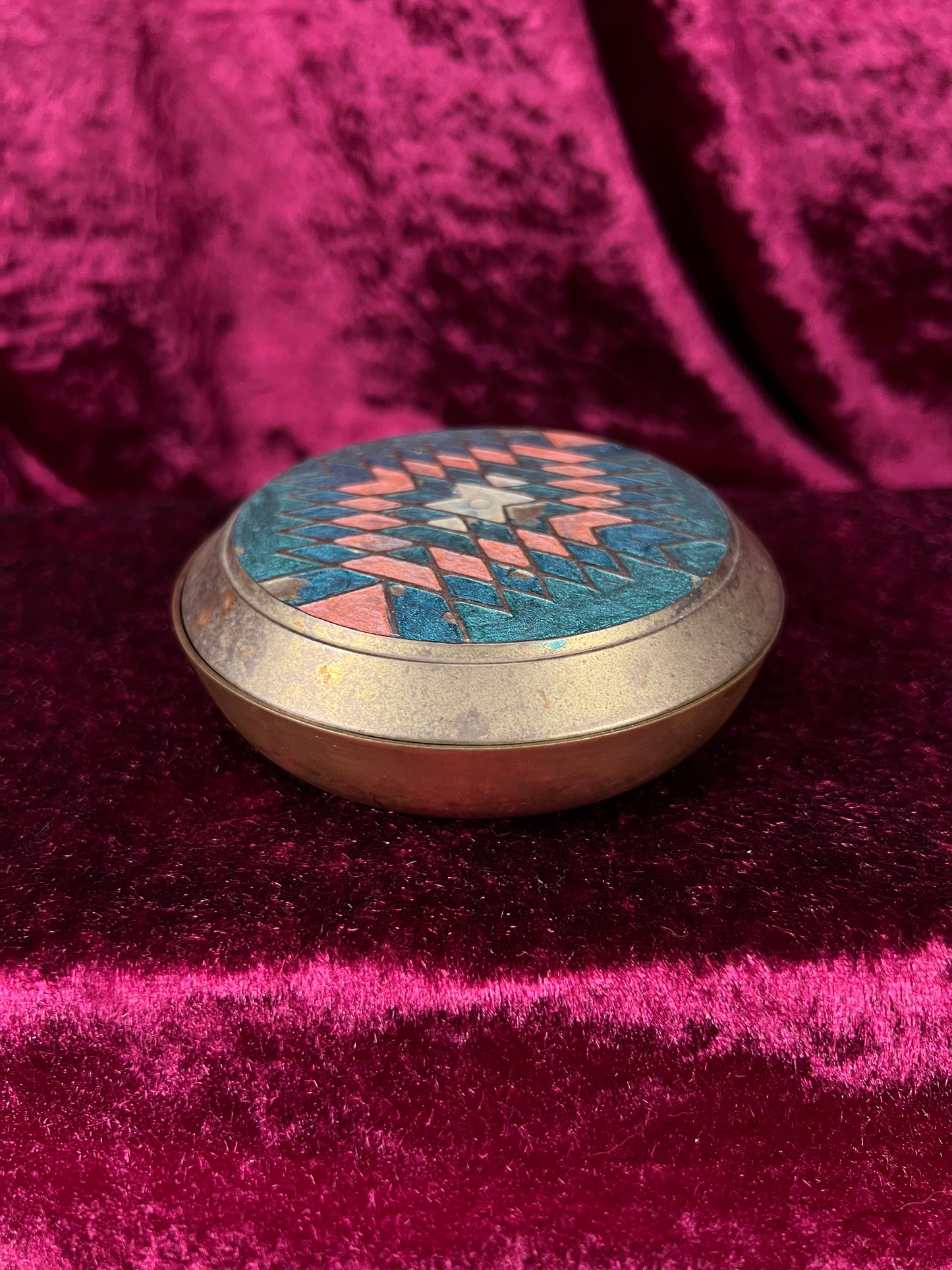 Vintage Solid Brass Trinket Box - 1990s Handpainted Southwestern Design