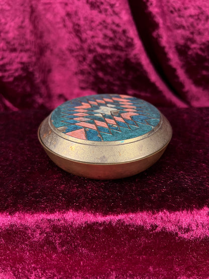 Vintage Solid Brass Trinket Box - 1990s Handpainted Southwestern Design