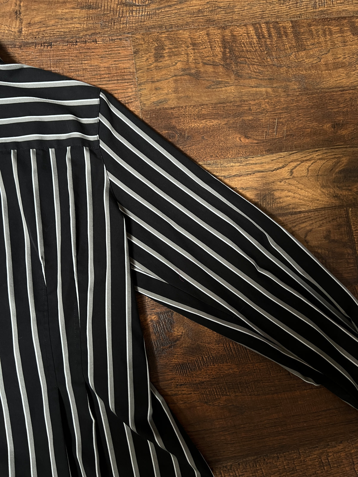 Vintage Foxcroft Fitted Blouse - Black Grey Striped Pleated Waist - Size Large