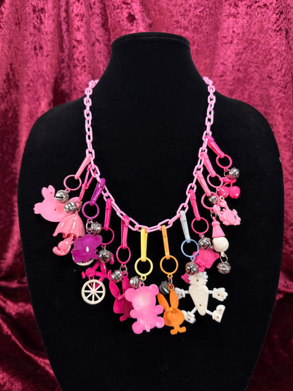 Vintage 1980s Plastic Chain Charm Necklace - 12 Bell / Googly Eyes Charms - Pink & Purple