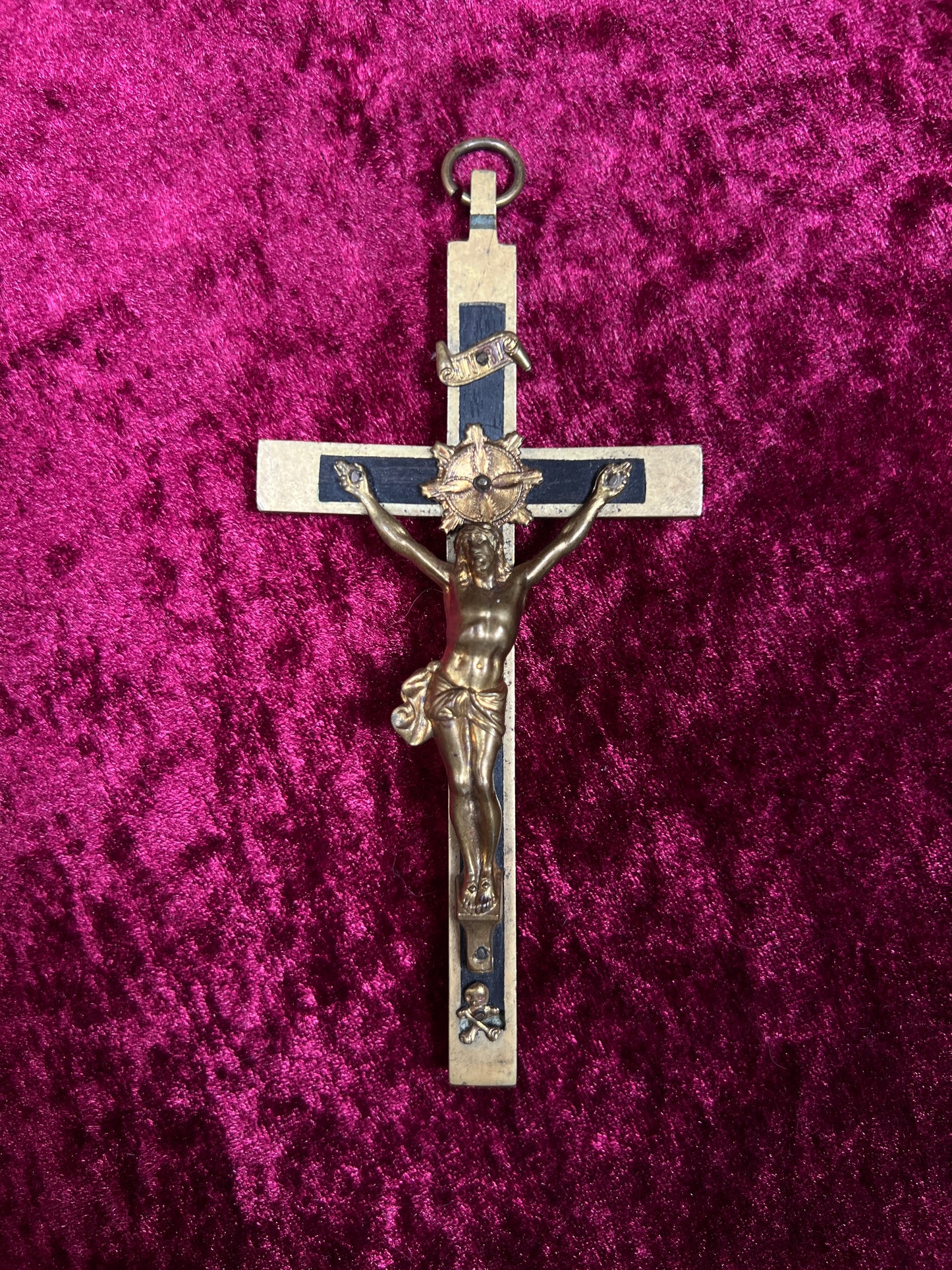 Vintage Brass Crucifix Cross - Ebony Inlay Skull and Crossbones Wall Hanging
