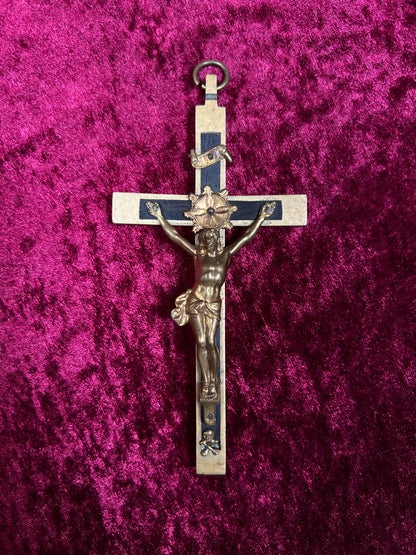 Vintage Brass Crucifix Cross - Ebony Inlay Skull and Crossbones Wall Hanging