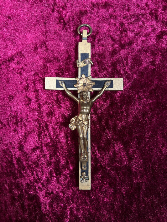 Vintage Brass Crucifix Cross - Ebony Inlay Skull and Crossbones Wall Hanging