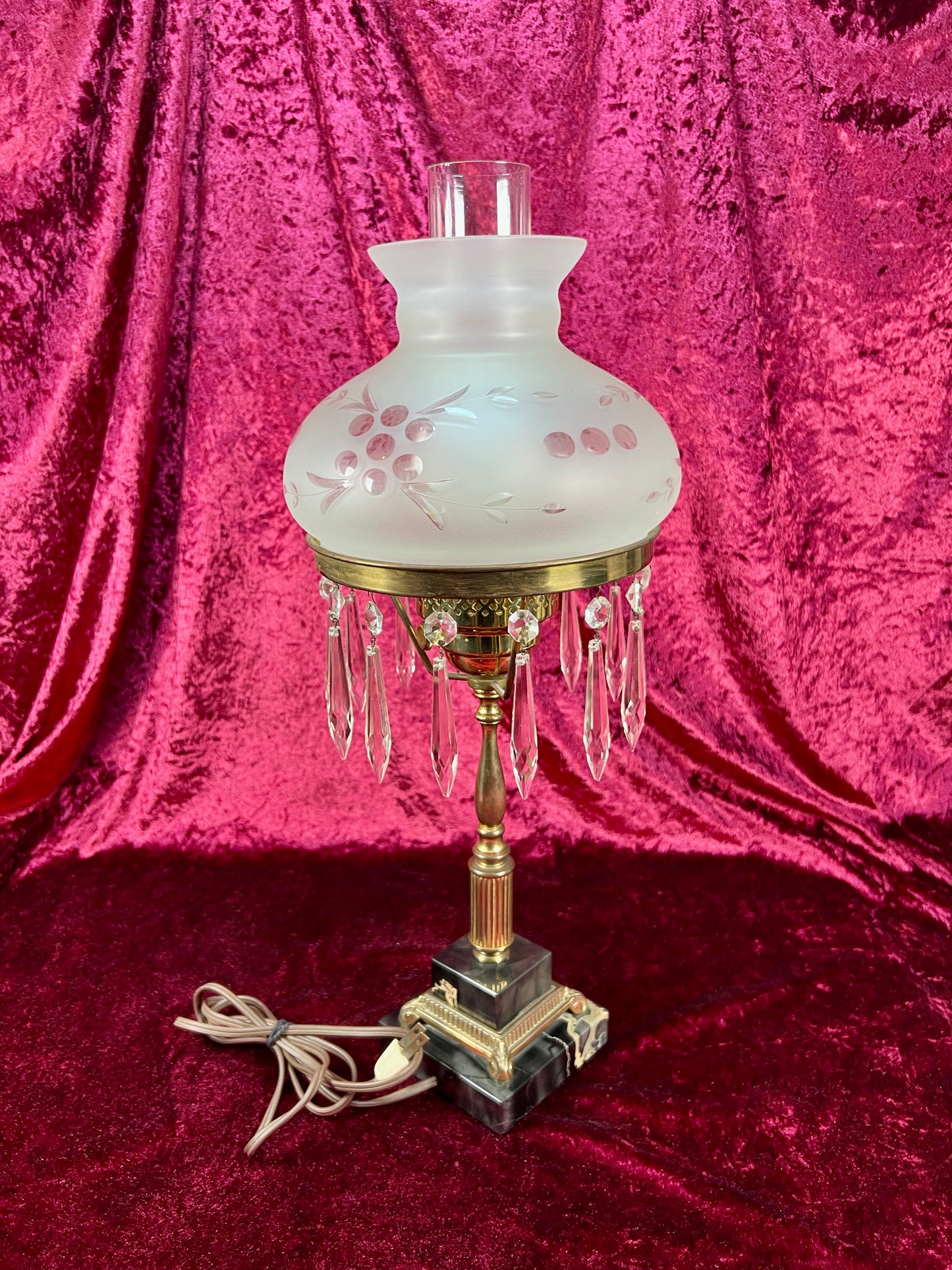 Antique Marble and Brass Sinumbra Style Hurricane Lamp – Frosted Glass Shade with Crystal Prisms