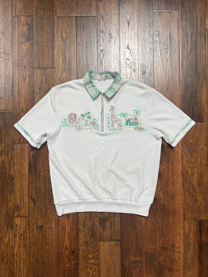 Vintage Clothing - Half Zip Polo Shirt - Embroidered Safari Animals - Medium