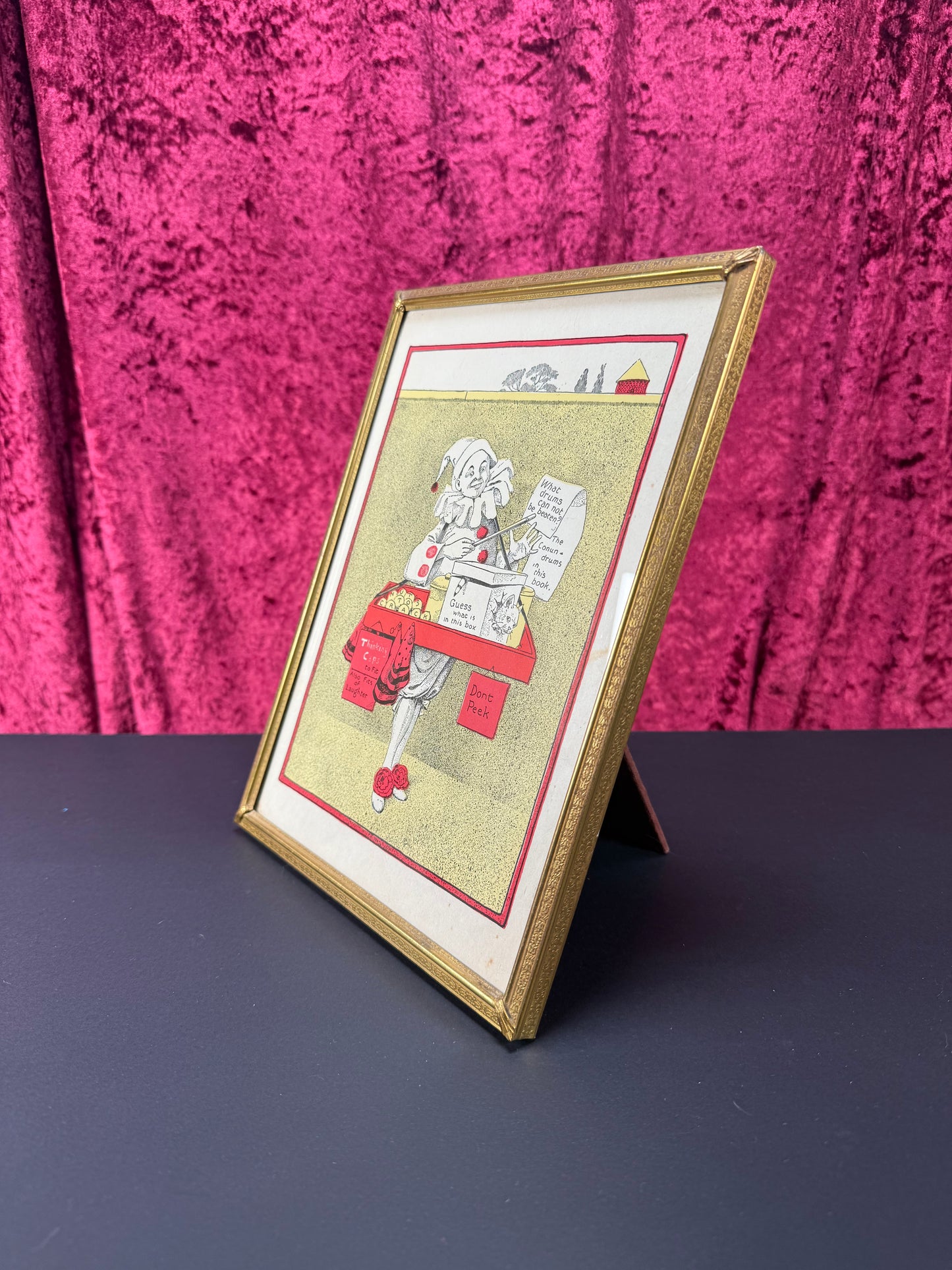 Antique Wall Art - Framed Lithograph - Pierrot Clown and Cat Scene - 1901