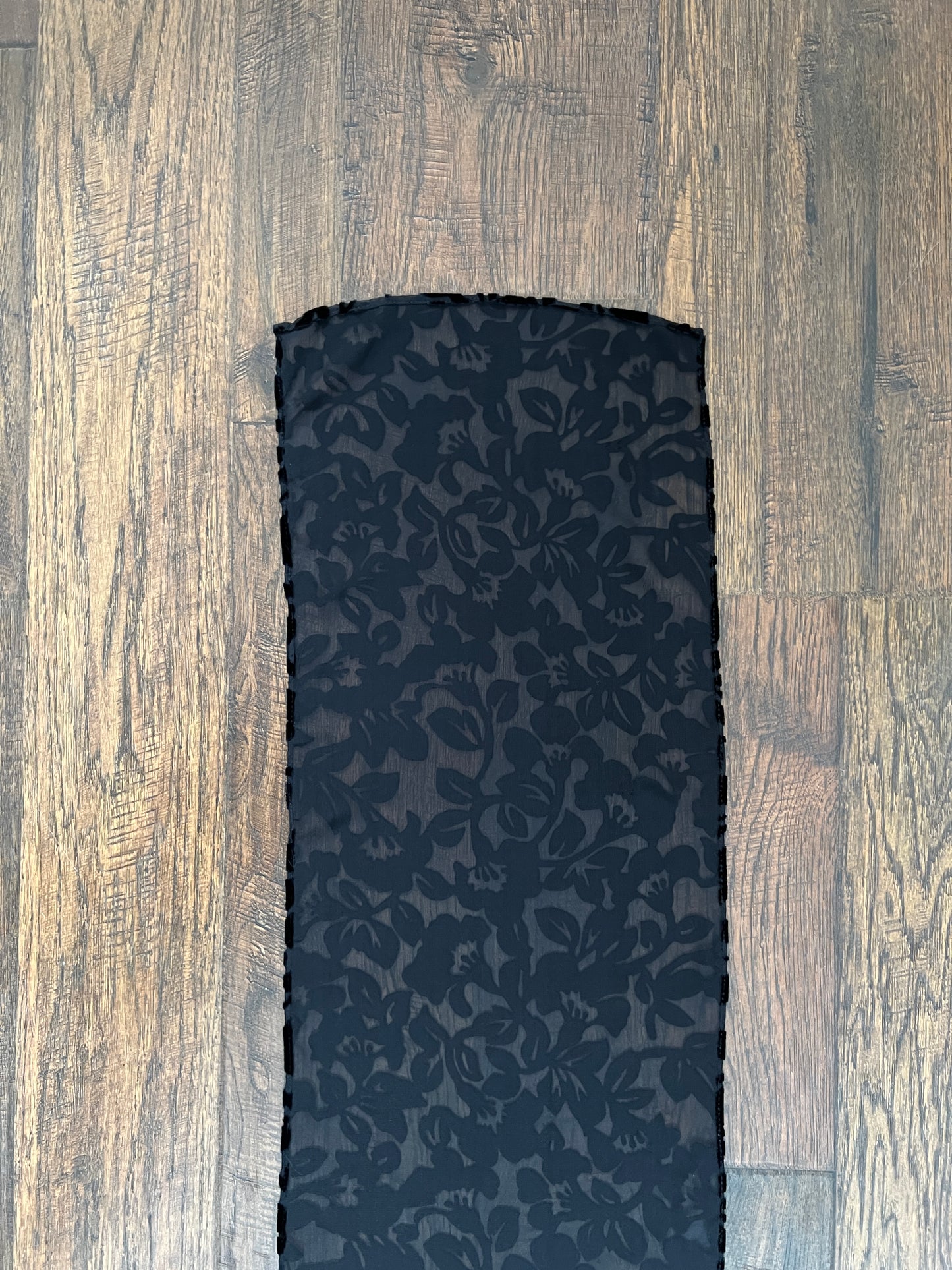 Vintage Burnout Velvet Oblong Scarf - Black Semi Sheer Floral Wrap