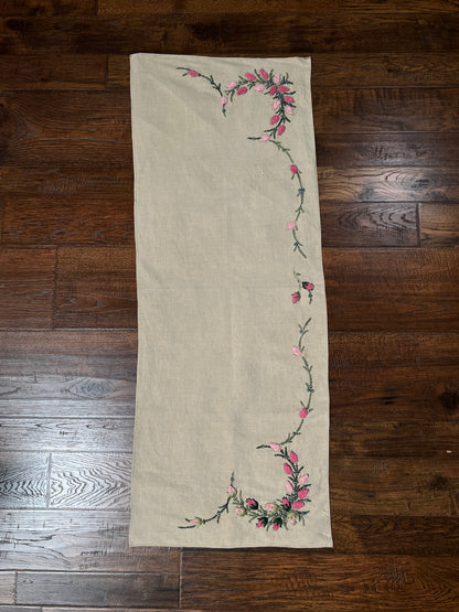 Vintage Rectangular Linen Table Runner - Hand Embroidered Puffy Pink Rosebud Vine