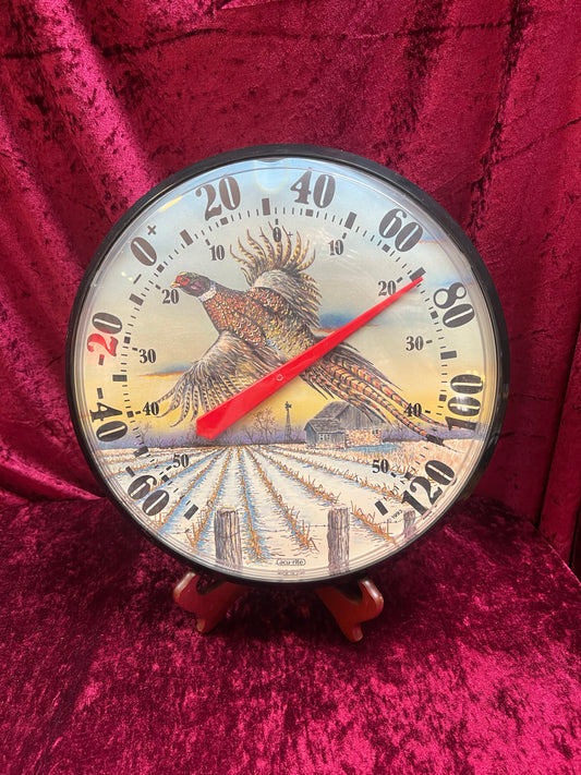 Vintage Home Decor - Round Outdoor Thermometer - Ring Necked Pheasant - Chaney Instruments - Made in USA