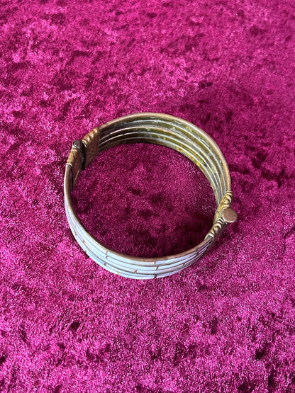 Vintage Jewelry - Chunky Bangle Bracelet - Brass with Inlaid Abalone Shell - Hinged Pin Closure