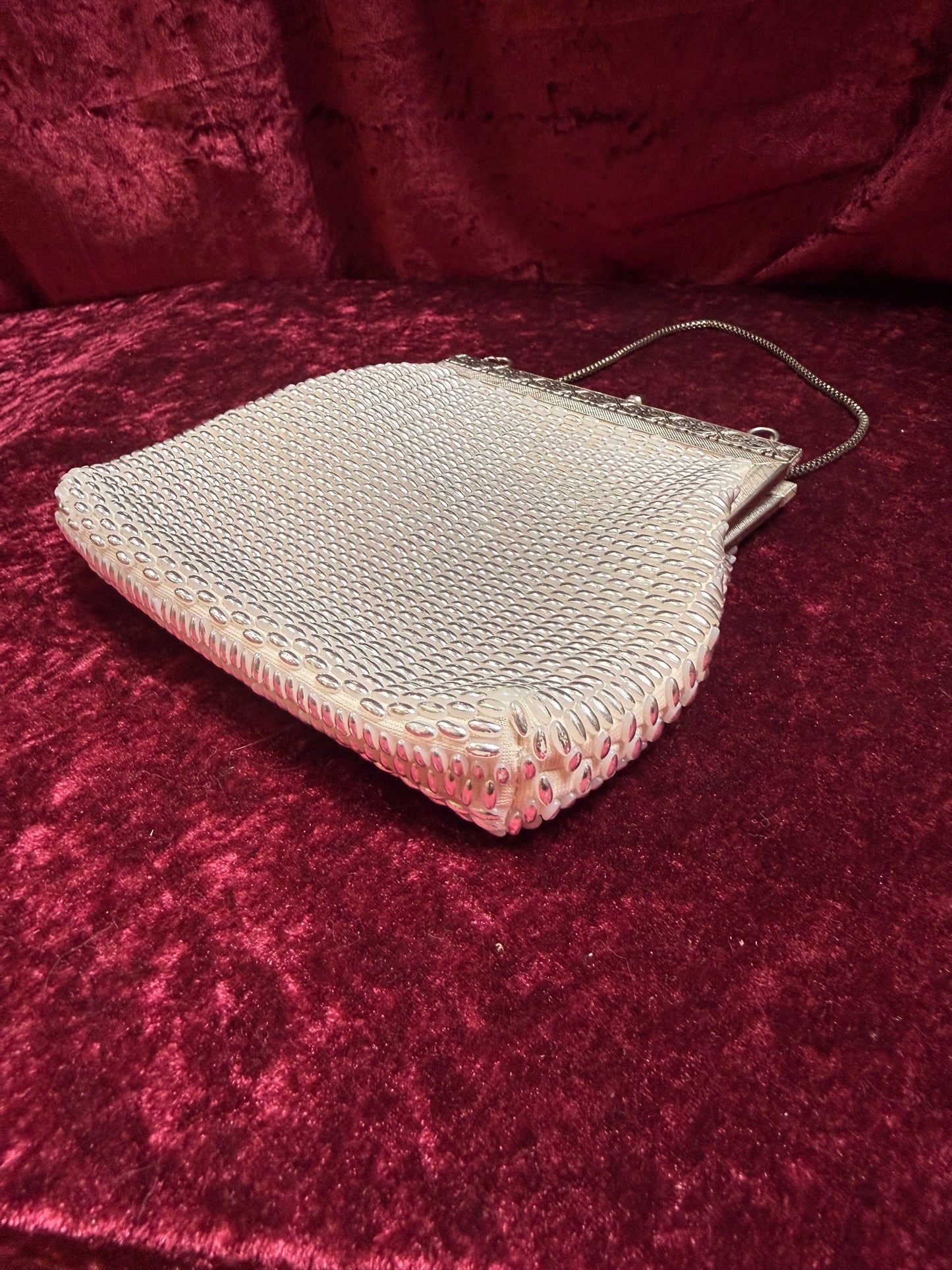 Vintage Accessories - 1950s Gems by George Silver Pearled Beaded Evening Purse - Kiss Lock Closure w/ Gold Chain Strap